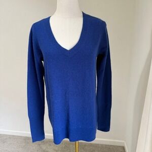 100% Cashmere V Neck Sweater‎ Cobalt Blue Halogen Small Modern Luxury Minimal